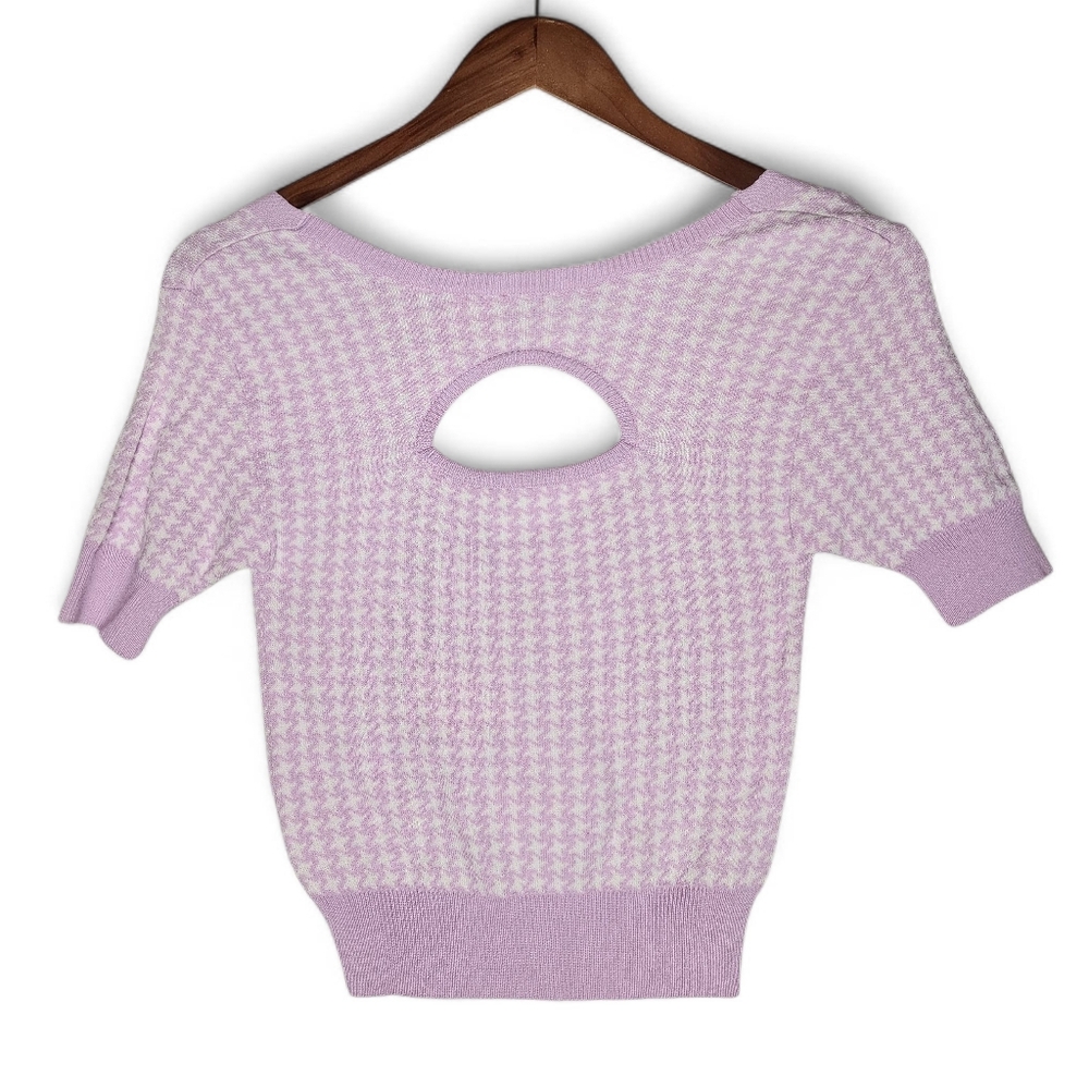 Nodress Houndstooth Knit Cut-Out Crop Top in Lavender and White Size XS